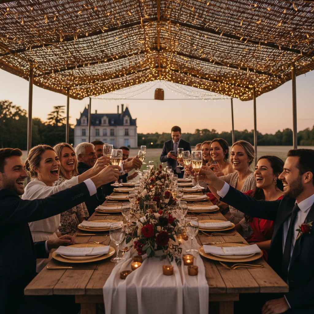 Table de mariage sous canopée lumineuse au crépuscule, invités en toast