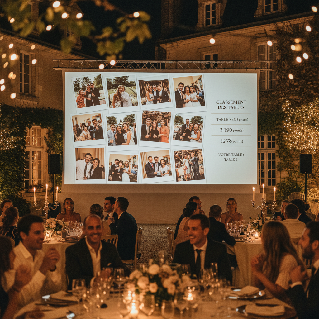 Mur projeté de mariage affichant une grille de polaroids et le classement des tables