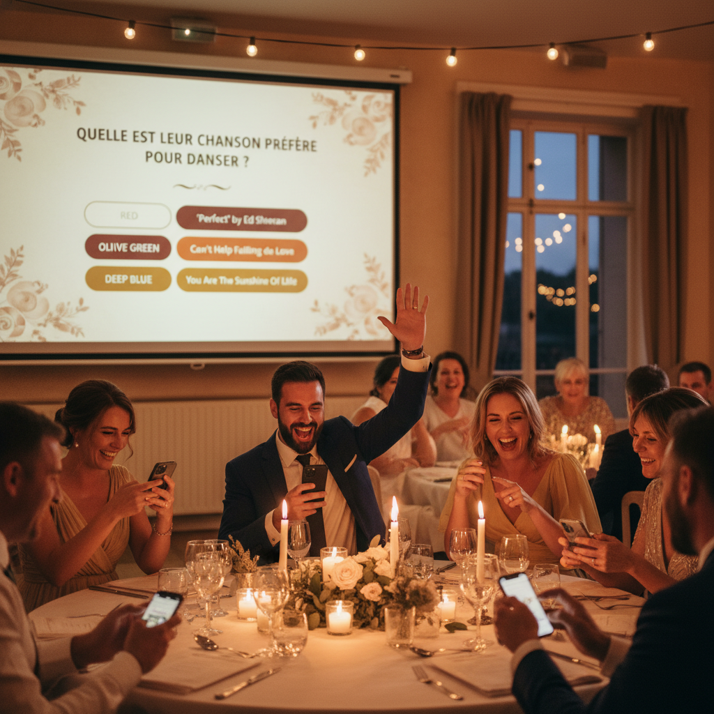 Salle de mariage avec écran projeté affichant une question de quiz et invités levant la main