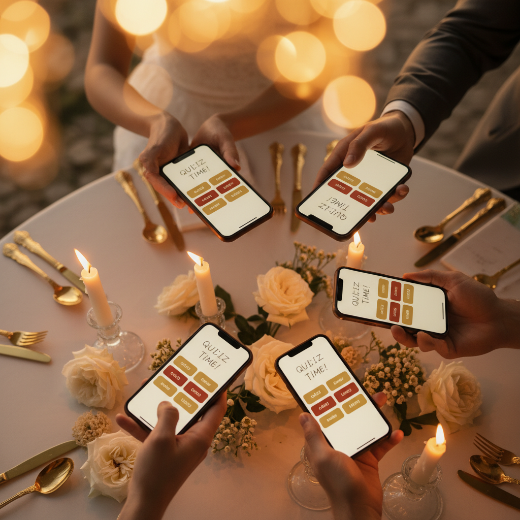 Plusieurs smartphones sur une table de mariage affichant le même quiz en direct