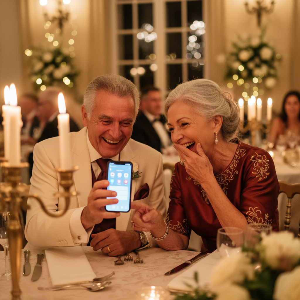 Couple de seniors souriant devant un téléphone à un mariage