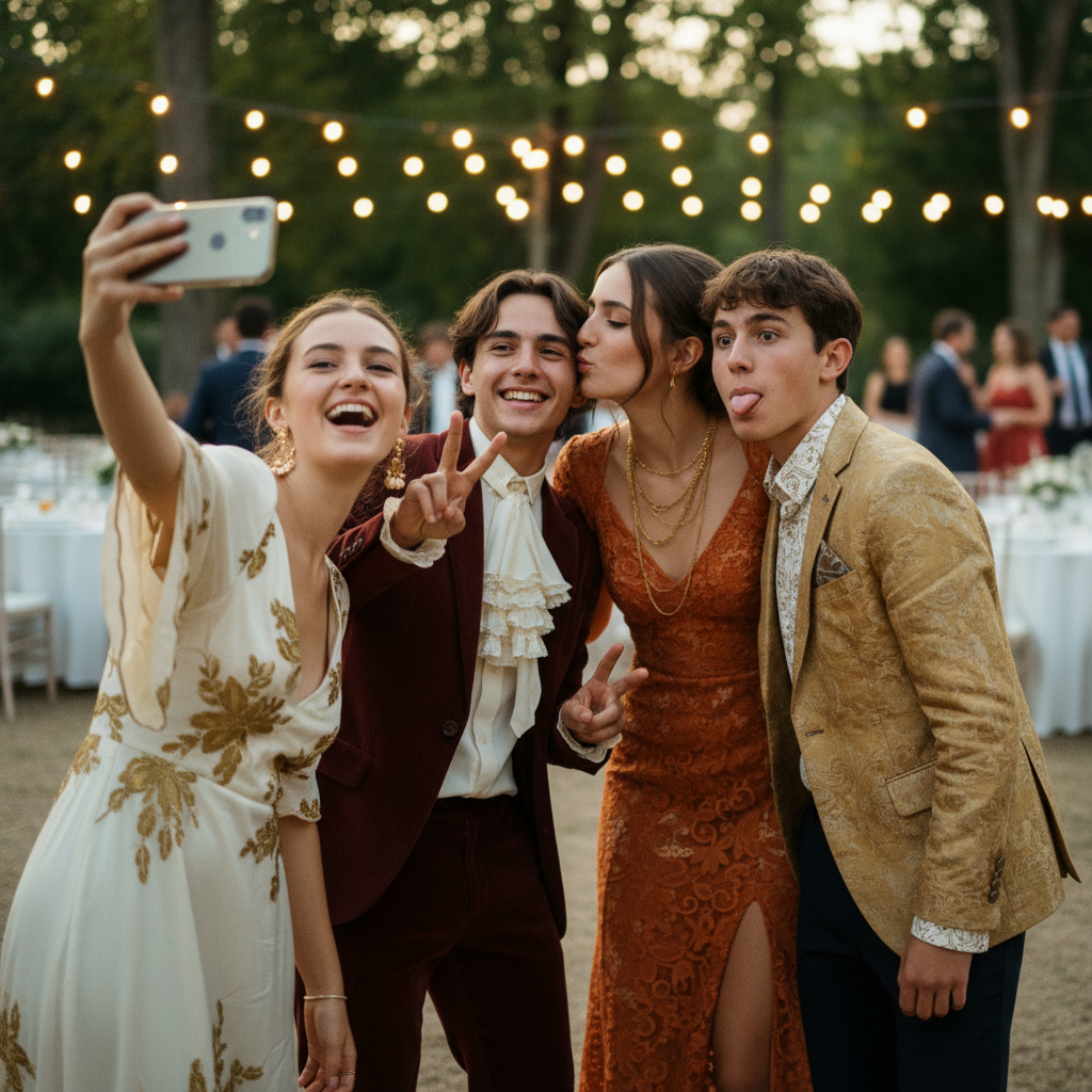 Groupe d'adolescents en selfie élégant à un mariage